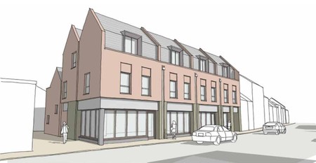 Artists sketch of three floor building with shop unit on ground floor
