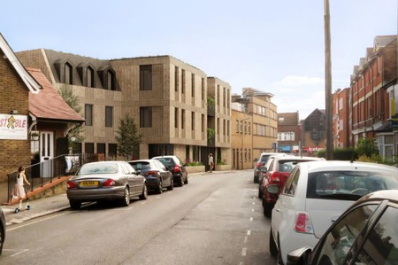 artists impression of yellow brick flats with overhanging front