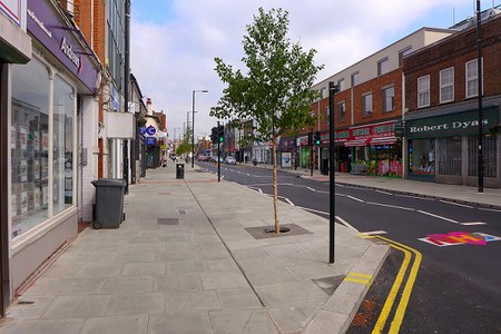 Barnet High Street with widened pavements and newly planted trees