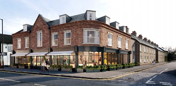 artists impression of new  red brick hotel with restaurant on ground floor