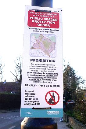 You are in a restricted area subject to a public spaces protection order. Prohibition. Any person drinking alcohol, or in possession of any container (sealed or unsealed) reasonably believed to contain alcohol, must not refuse to stop drinking or must not refuse to hand over the container(s) when required to do so by a constable or an authorised person. Penalty - Fine up to 500 pounds.