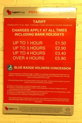 Tariff. Up to 1 hour £1.50, up to 3 hours £2.90, up to 4 hours £3.40, over 4 hours £5.80