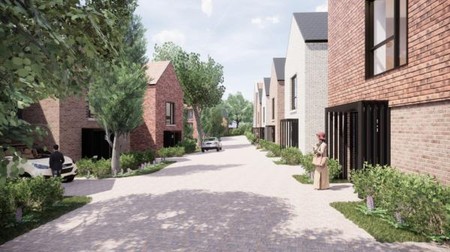 Artists impression of new housing street with no pavements